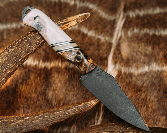 Field Knife (CruWear)- Spalted Maple, Black G10, Desert Tan G10 and Brass Split, Mosaic Pins, Contoured Grip