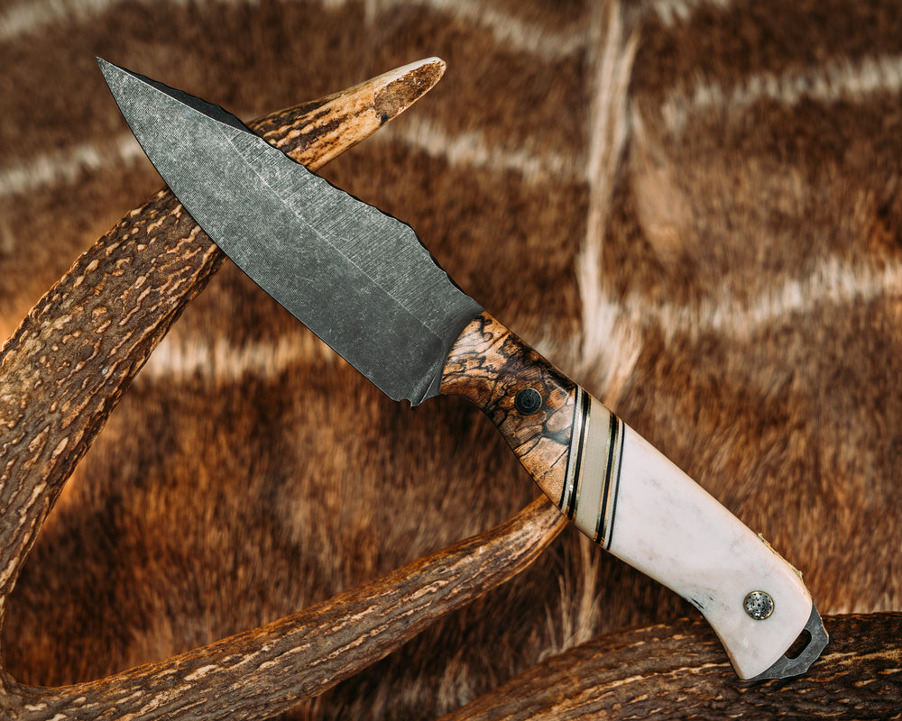 Field Knife (CruWear)- Spalted Maple, Black G10, Desert Tan G10 and Brass Split, Mosaic Pins, Contoured Grip