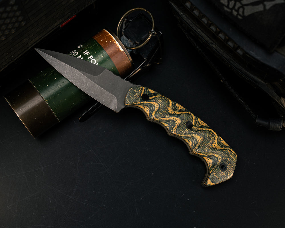 3" HUMINT- Layered Black Burlap Micarta and Yellow G10 and Rubber, CF Pins, CF Lanyard Pin, Textured Grip