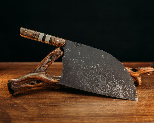 Serbian Chef Knife - Spalted Maple, Emerald G10 & Copper Pin Striping, Giraffe Bone & Hawaiian Curly Koa Splits, Mosaic Pins, Smooth Grip.