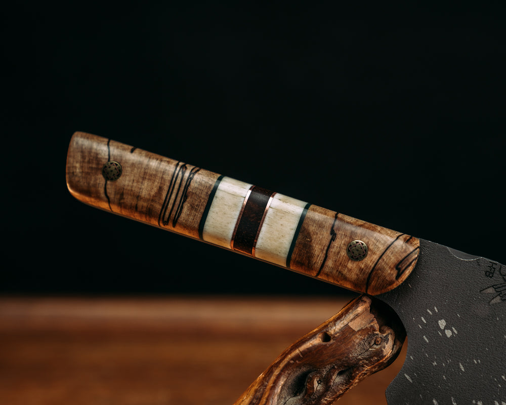 Serbian Chef Knife - Spalted Maple, Emerald G10 & Copper Pin Striping, Giraffe Bone & Hawaiian Curly Koa Splits, Mosaic Pins, Smooth Grip.