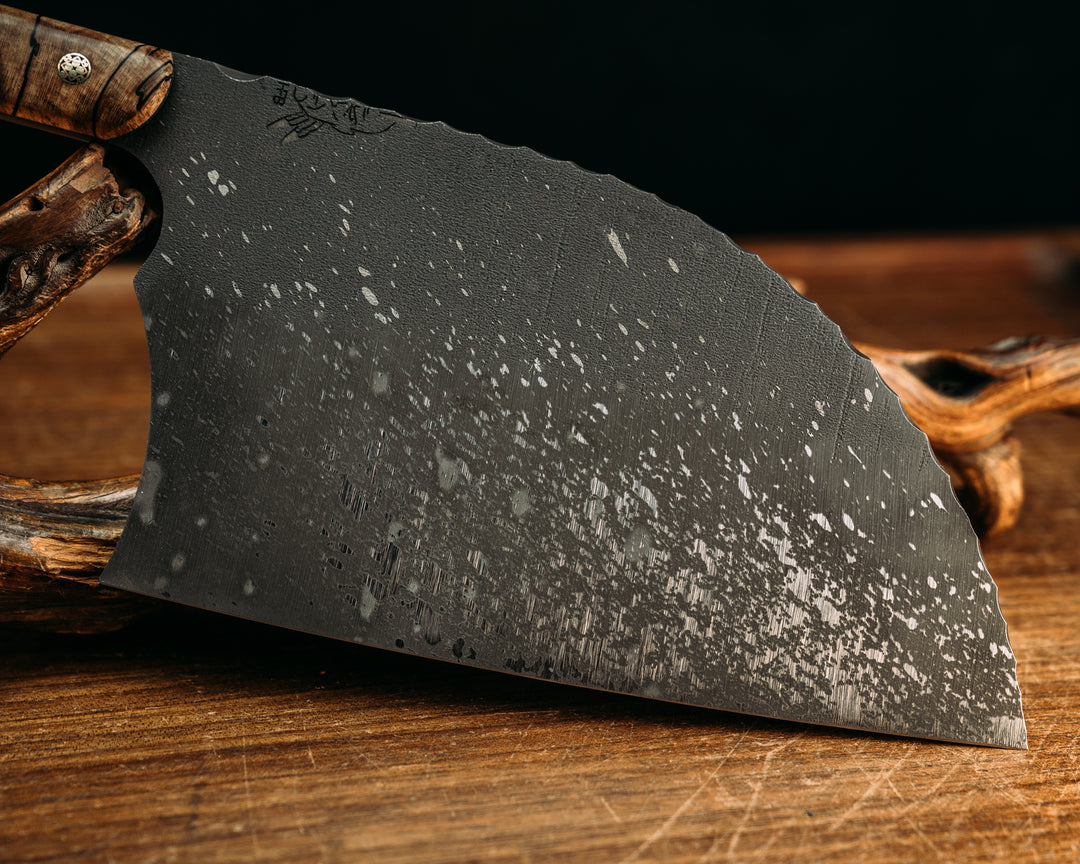 Serbian Chef Knife - Spalted Maple, Emerald G10 & Copper Pin Striping, Giraffe Bone & Hawaiian Curly Koa Splits, Mosaic Pins, Smooth Grip.