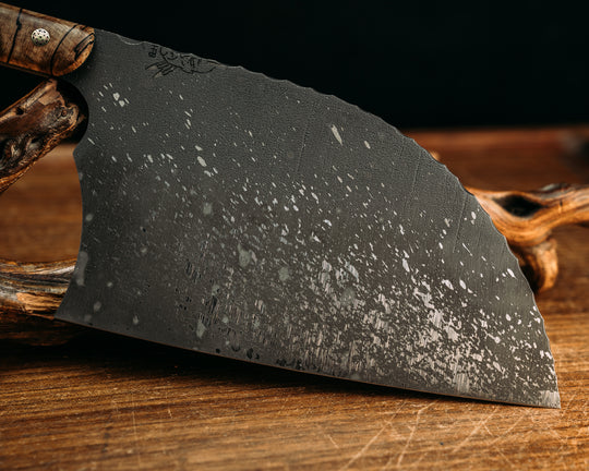 Serbian Chef Knife - Spalted Maple, Emerald G10 & Copper Pin Striping, Giraffe Bone & Hawaiian Curly Koa Splits, Mosaic Pins, Smooth Grip.