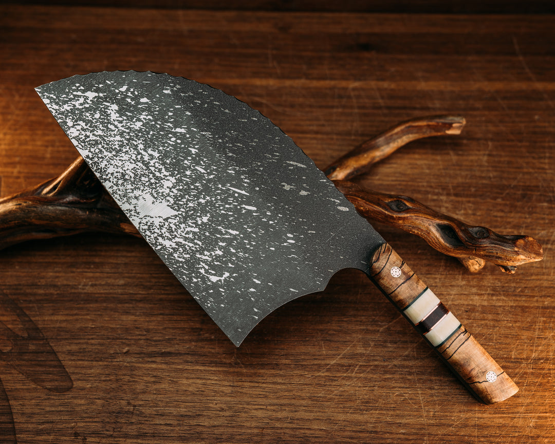 Serbian Chef Knife - Spalted Maple, Emerald G10 & Copper Pin Striping, Giraffe Bone & Hawaiian Curly Koa Splits, Mosaic Pins, Smooth Grip.