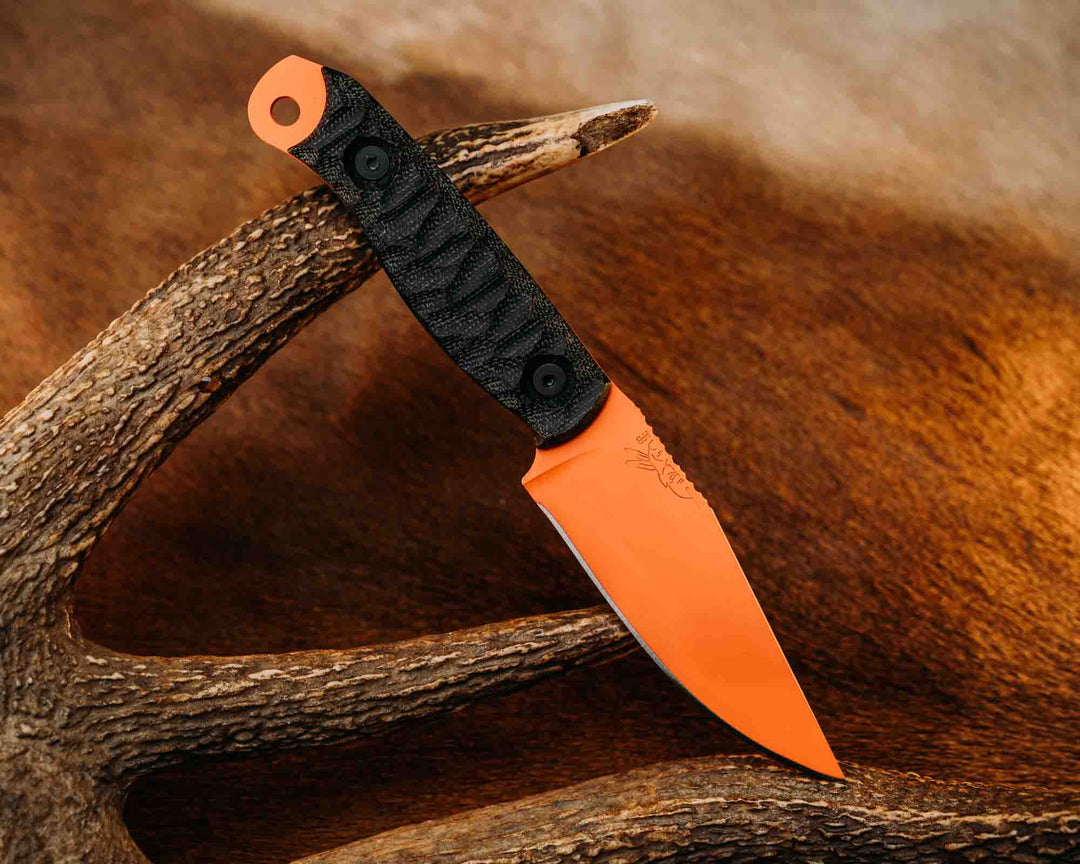 Crow Scalper- Black Canvas Micarta, Hunter Orange Cerakote, Allen Bolts, Textured Grip