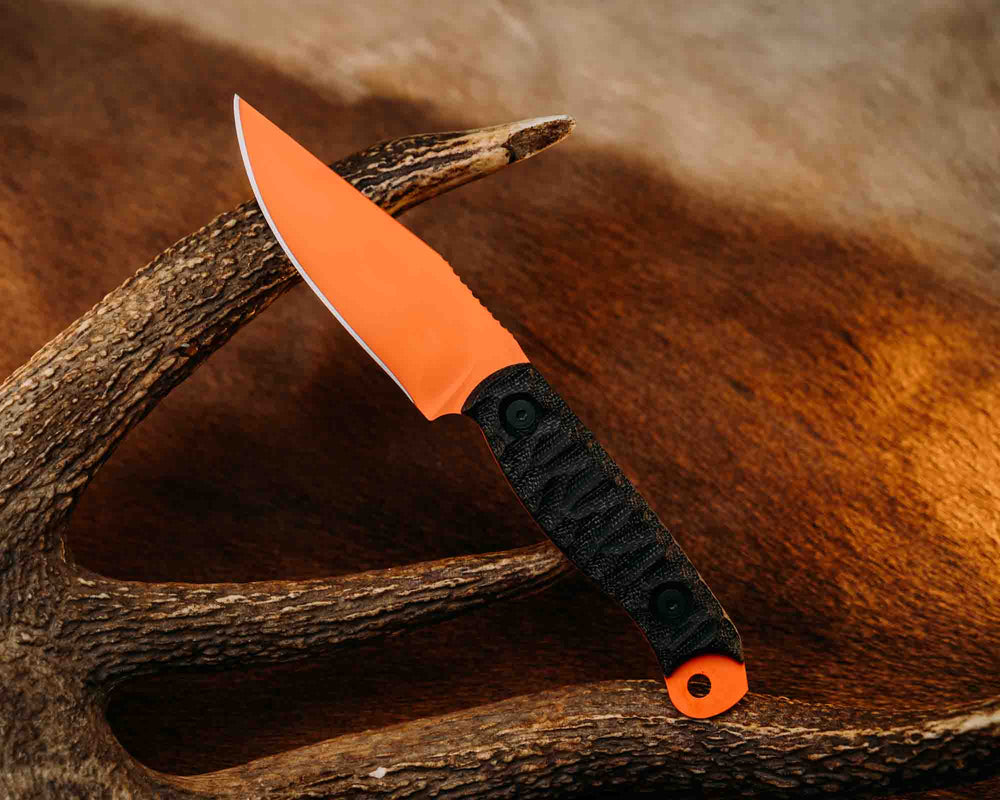 Crow Scalper- Black Canvas Micarta, Hunter Orange Cerakote, Allen Bolts, Textured Grip