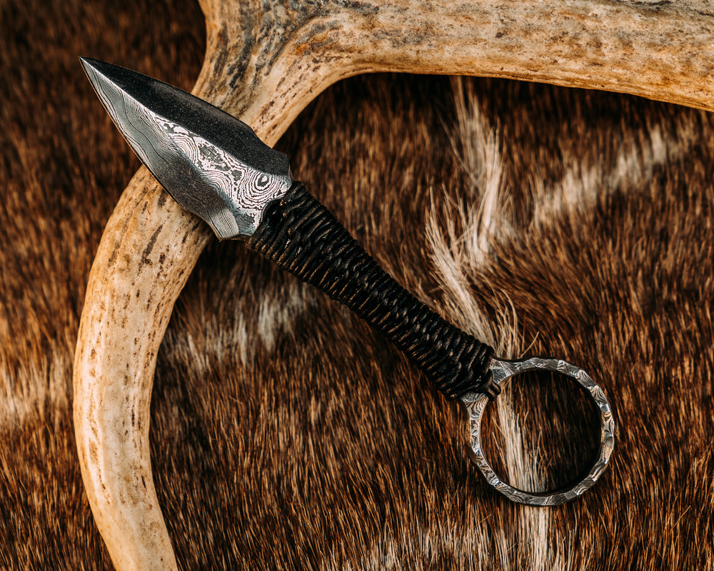 Ringstrike - Baker Forge Damascus, Black Leather Wrap