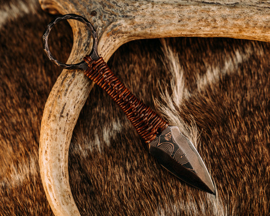 Ringstrike - Baker Forge CopperMai Raindrop Damascus, Leather Wrap