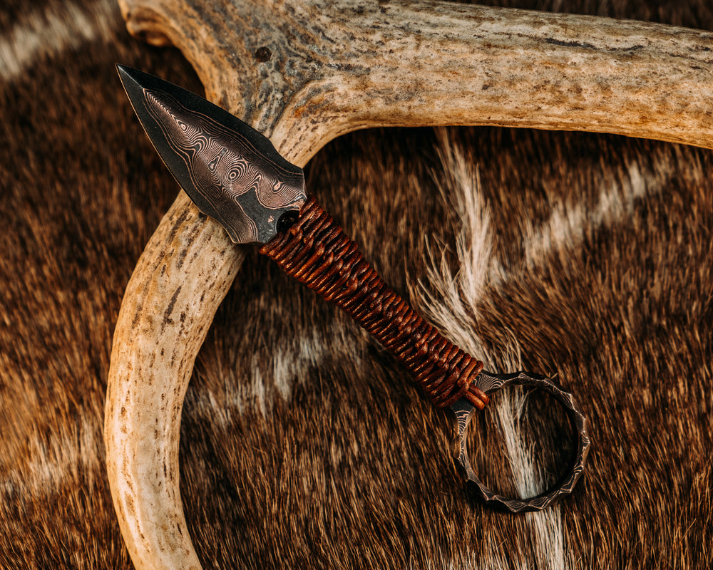 Ringstrike - Baker Forge CopperMai Raindrop Damascus, Leather Wrap