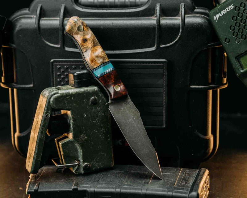 Field Knife Jr - Desert ironwood, Black & Blue G10 w/ Aluminum & Brass Pin Striping, Brittany Blue G10 Split, Buckeye, Brass Pins, Textured Grip.