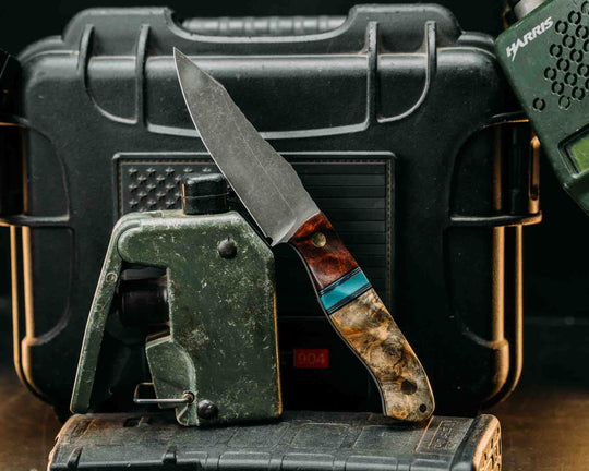 Field Knife Jr - Desert ironwood, Black & Blue G10 w/ Aluminum & Brass Pin Striping, Brittany Blue G10 Split, Buckeye, Brass Pins, Textured Grip.