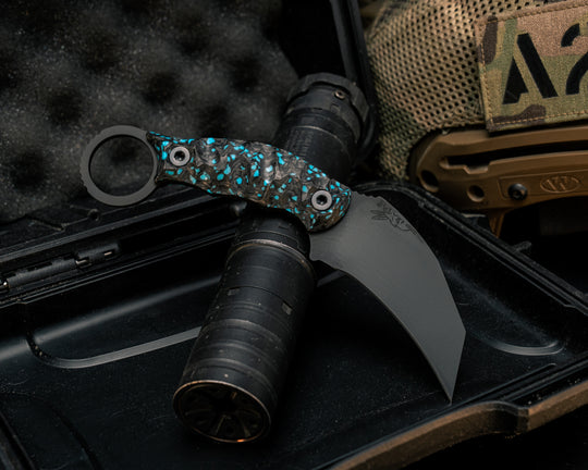 Karambito- Turquoise Rocky Wave Carbon, Armor Black Cerakote, Allen Bolts, Textured Grip