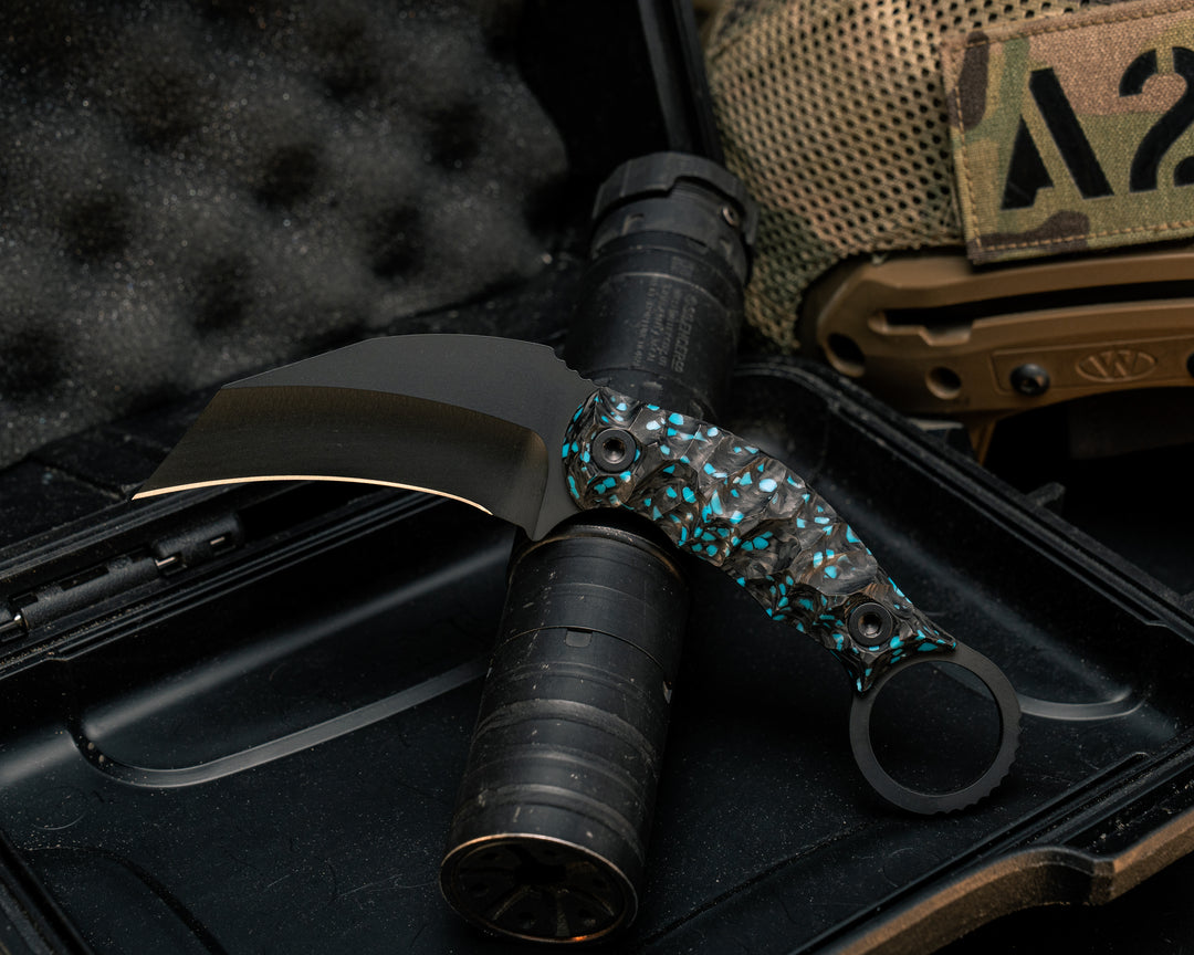 Karambito- Turquoise Rocky Wave Carbon, Armor Black Cerakote, Allen Bolts, Textured Grip