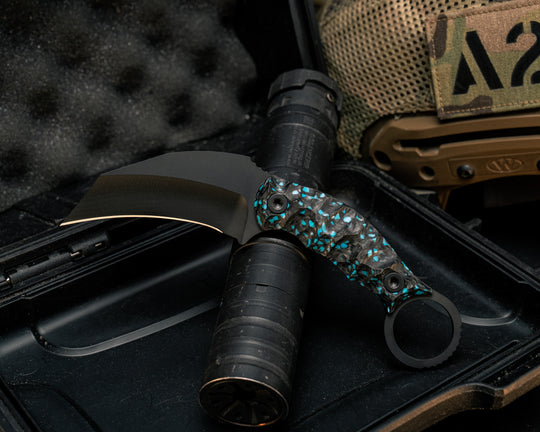Karambito- Turquoise Rocky Wave Carbon, Armor Black Cerakote, Allen Bolts, Textured Grip