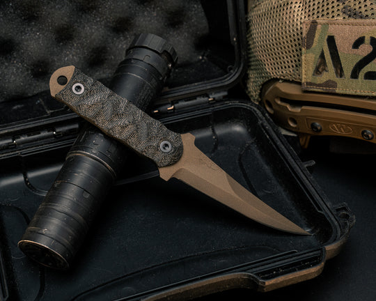 Combat Filet- Black Canvas Micarta, Midnight Bronze Cerakote, Allen Bolts, Textured Grip