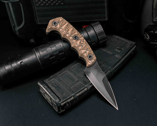 3" HUMINT- Tan/Black G10, Armor Black Cerakote, Allen Bolts, Textured Grip