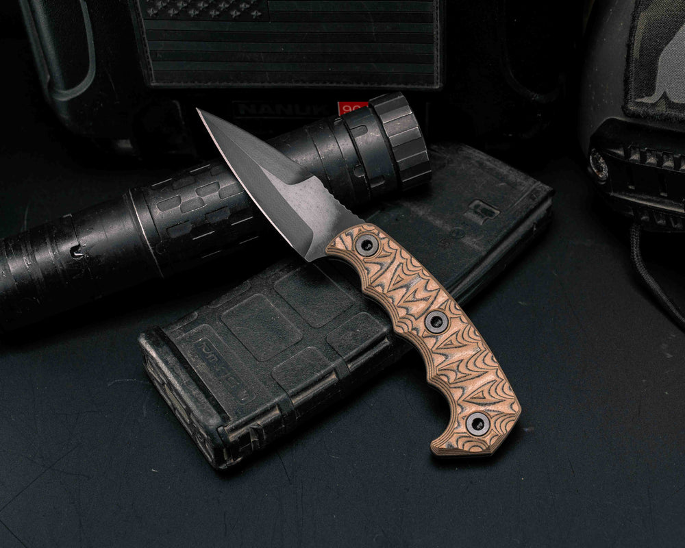 3" HUMINT- Tan/Black G10, Armor Black Cerakote, Allen Bolts, Textured Grip
