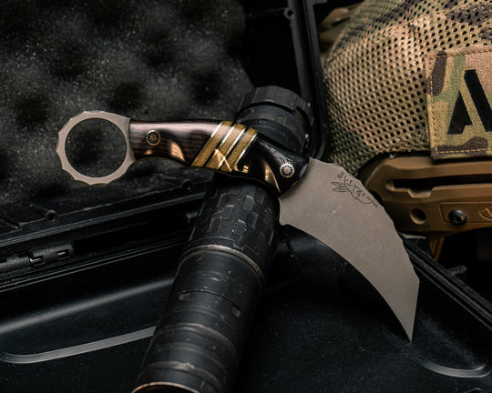 Karambito- Bison Horn, Black G10, Brass and OD Green Canvas Micarta Split, Ebony Wood, Mosaic Pins, Textured Grip