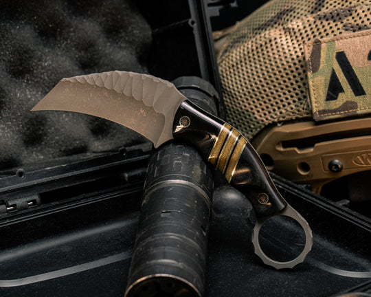 Karambito- Bison Horn, Black G10, Brass and OD Green Canvas Micarta Split, Ebony Wood, Mosaic Pins, Textured Grip