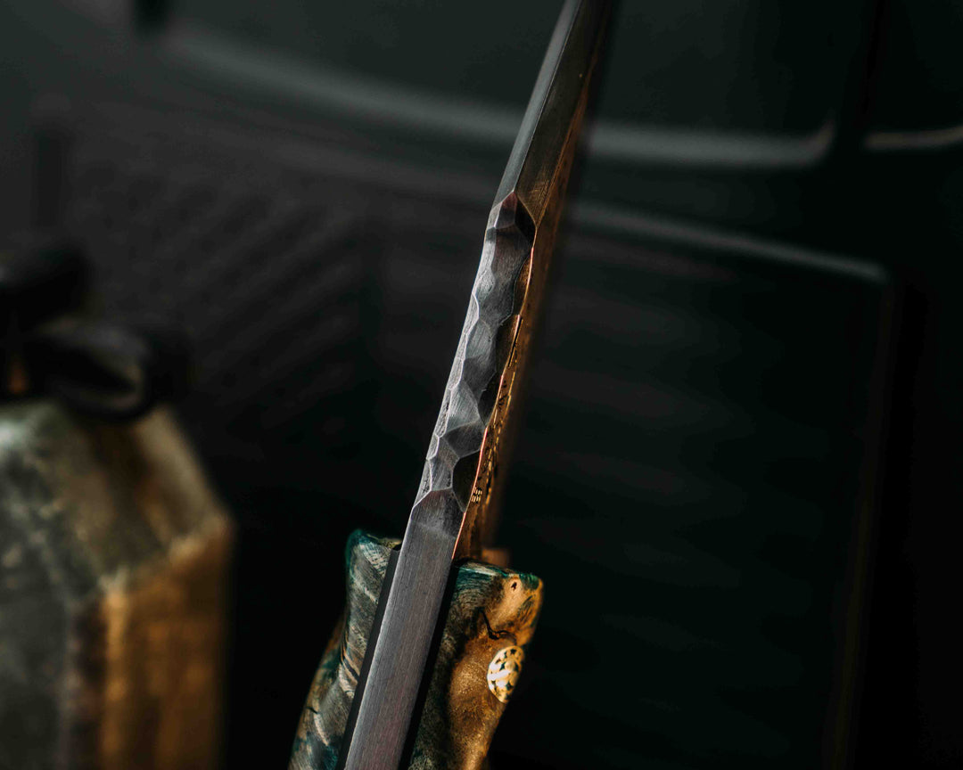 Widow Maker Jr- Baker Forge Random Pattern Damascus- Dyed Buckeye Burl, Black G10 and Brass Pin Striping, Black Burlap Micarta Split, Ancient Bog Oak, Brass Mosaic Pins, 1/8" Brass Mosaic Pin, Textured Grip