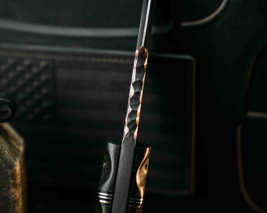 Widow Maker Jr- Baker Forge Random Pattern Damascus-Carbon Fiber,Black G10, Aluminum and Brass Pin Striping, Jungle Wear Fat Carbon Split, Snakewood, Mosaic Pins, 1/8" Mosaic Pins, Textured Grip