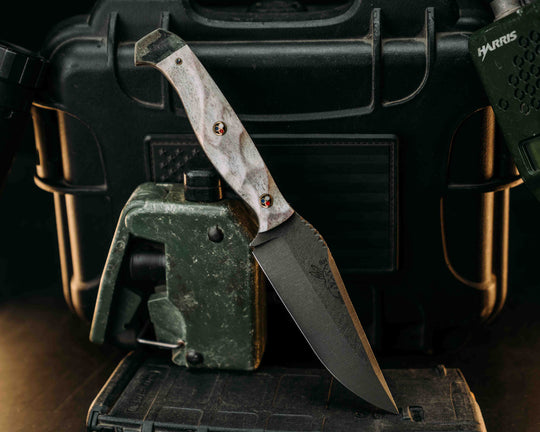 Crow Pre-Jay- Elk Antler, Navy S.E.A.L AOR2 Cammie Micarta, Patriot Mosaic Pins, 1/8" Patriot Mosaic Pin, Textured Grip