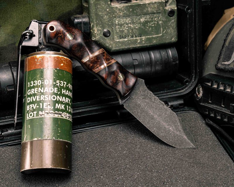 Disaster Cub- Desert Ironwood, OD Green G10 and Copper Pin Striping, Redwood Burl Split, Mosaic Pins, Copper Lanyard Pin, Textured Grip