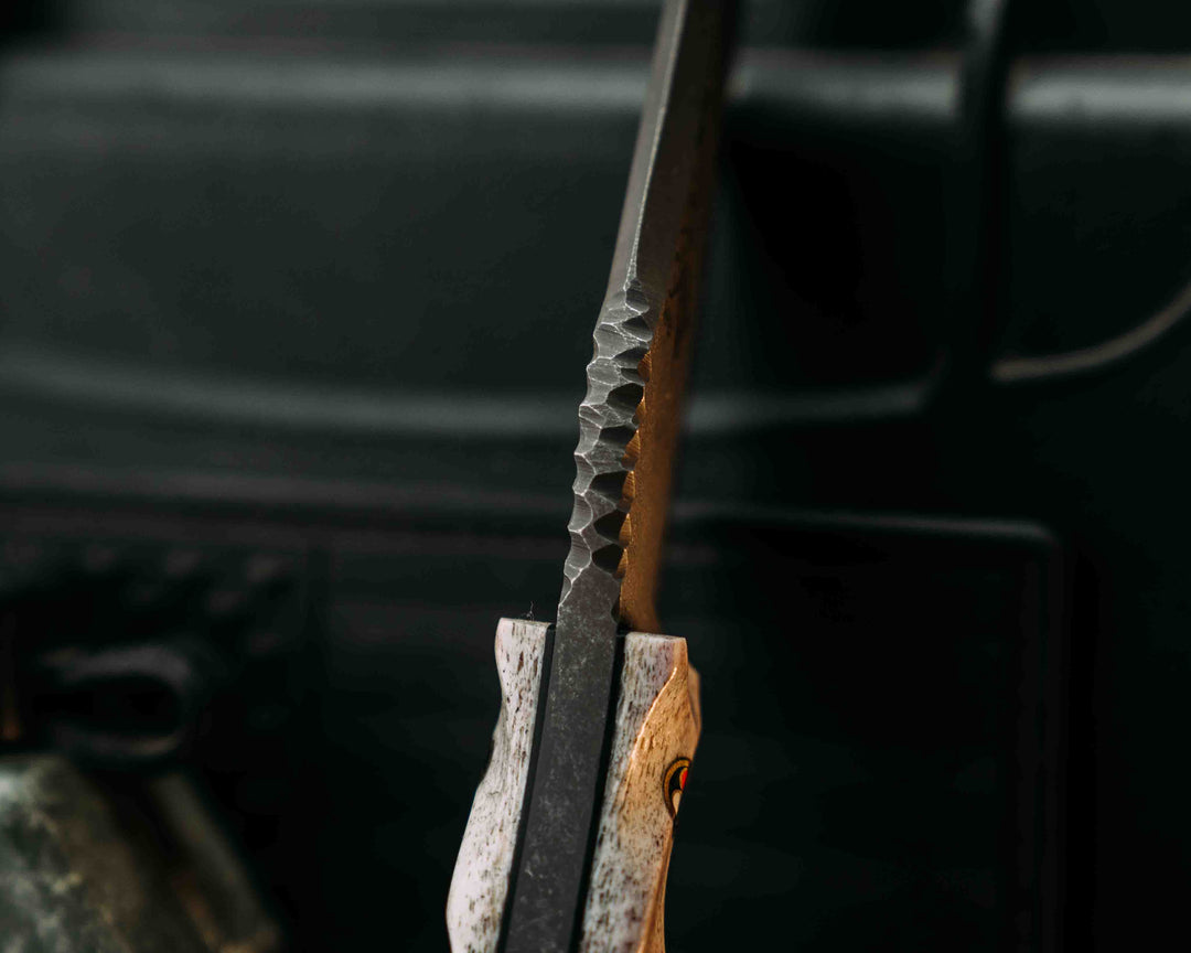 Crow Pre-Jay- Elk Antler, Navy S.E.A.L AOR2 Cammie Micarta, Patriot Mosaic Pins, 1/8" Patriot Mosaic Pin, Textured Grip