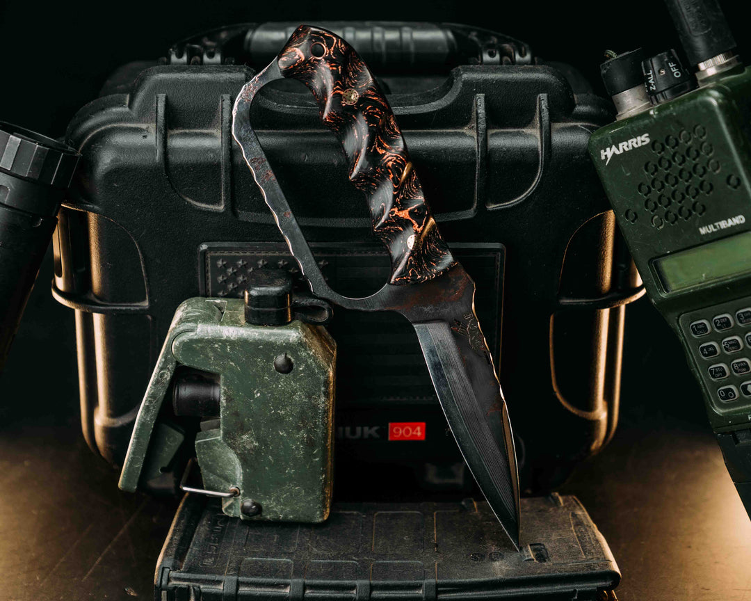 Trench Knife- Baker Forge Random Pattern CopperMai- Copper Meteorite Carbon Fiber, Mosaic Pins, Copper Lanyard Pin, Textured Grip