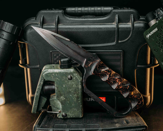 Trench Knife- Baker Forge Random Pattern CopperMai- Copper Meteorite Carbon Fiber, Mosaic Pins, Copper Lanyard Pin, Textured Grip