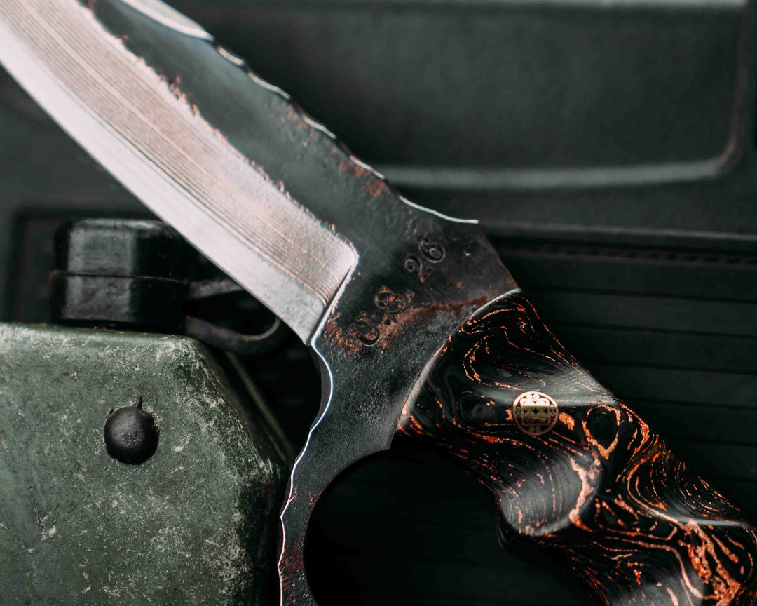 Trench Knife- Baker Forge Random Pattern CopperMai- Copper Meteorite Carbon Fiber, Mosaic Pins, Copper Lanyard Pin, Textured Grip