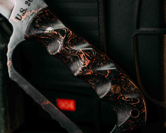 Trench Knife- Baker Forge Random Pattern CopperMai- Copper Meteorite Carbon Fiber, Mosaic Pins, Copper Lanyard Pin, Textured Grip