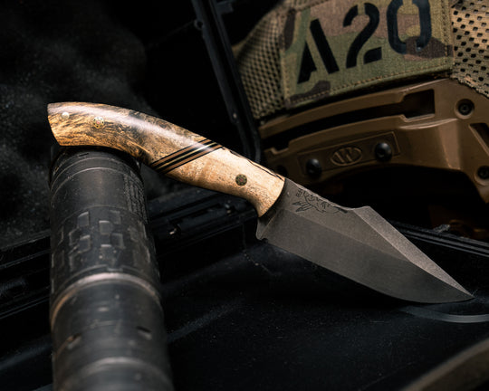 Widow Maker JR- Maple, Black G10, Earth G10 and Brass Split, Buckeye Burl, Mosaic Pins, 1/8" Brass Pin, Smooth Grip