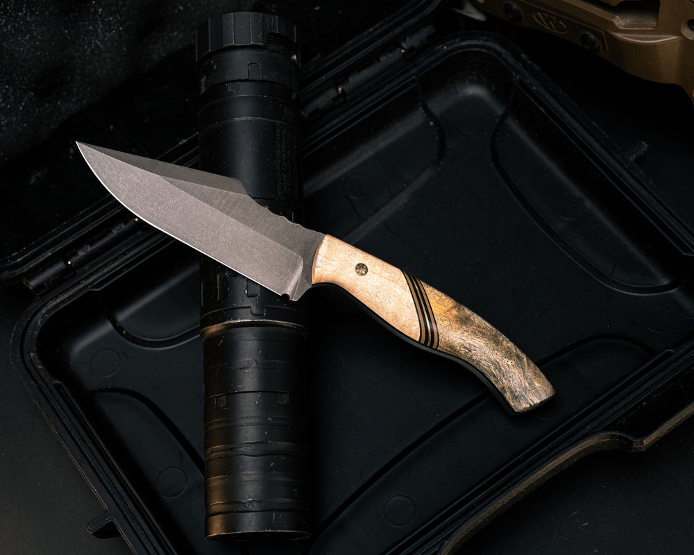 Widow Maker JR- Maple, Black G10, Earth G10 and Brass Split, Buckeye Burl, Mosaic Pins, 1/8" Brass Pin, Smooth Grip