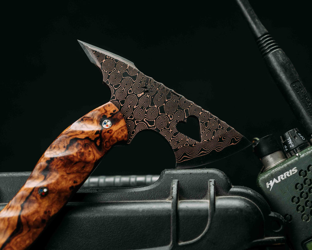 Bleeding Heart Hawk- Baker Forge Raindrop CopperMai- Desert Ironwood, Patriot Mosaic Pins, Textured Grip