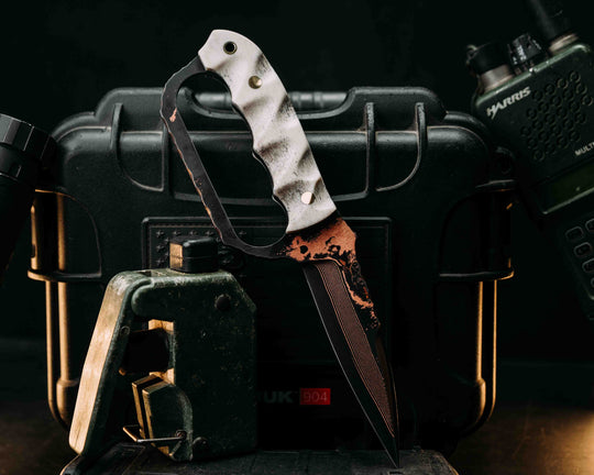 Trench Knife- Baker Forge Random Pattern CopperMai- Elk antler, Brass Pins, Brass Lanyard Pin, Textured Grip
