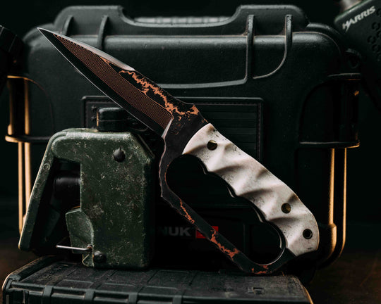 Trench Knife- Baker Forge Random Pattern CopperMai- Elk antler, Brass Pins, Brass Lanyard Pin, Textured Grip