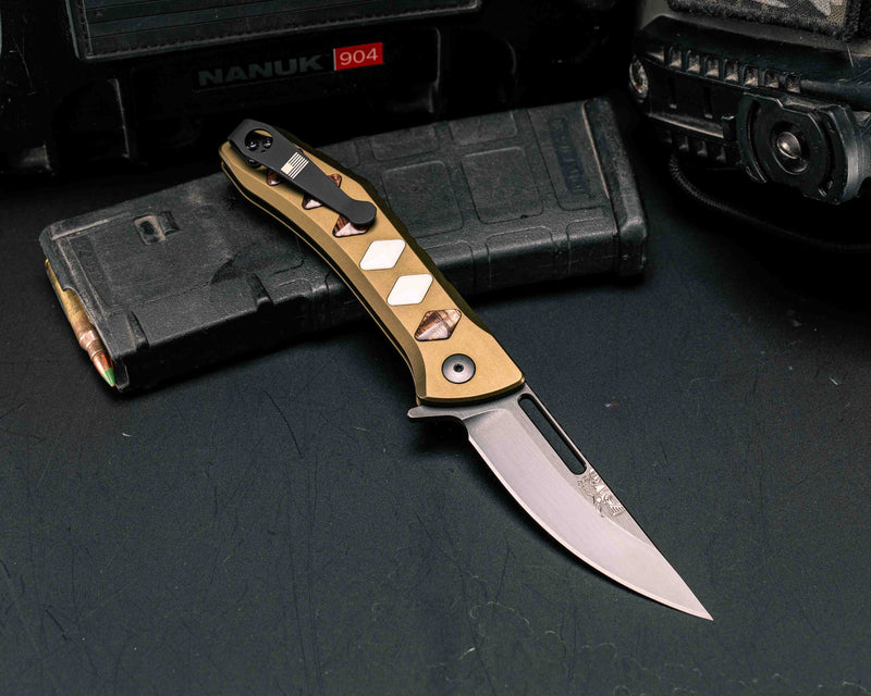 Custom Kwaiken Folder- Hawaiian Curly Koa and Giraffe Bone Inlay, Anodized Green Handle, Black Nitride Blade, Textured Grip, Deep Carry Pocket Clip