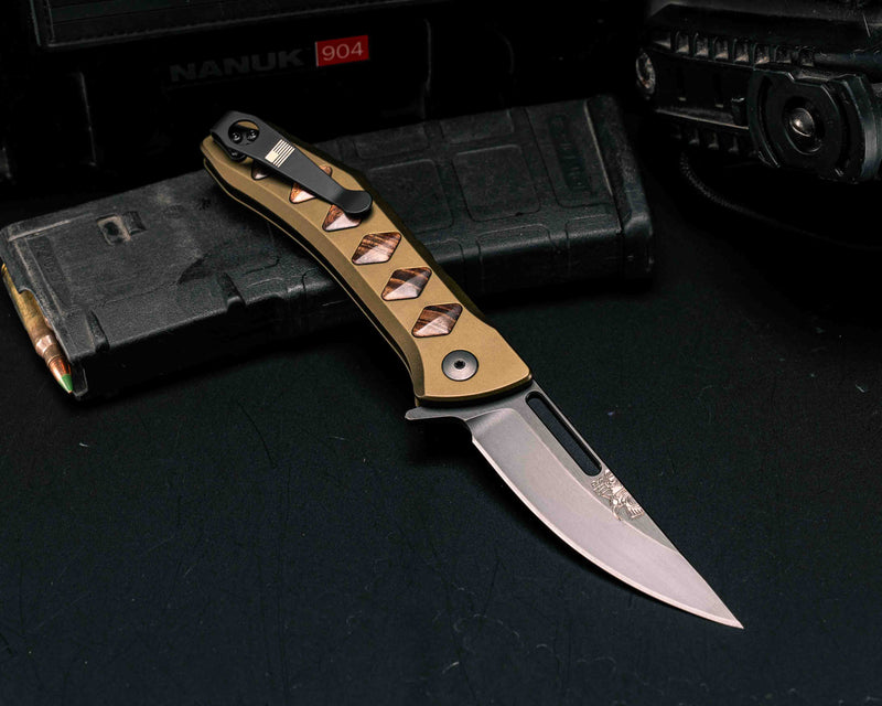 Custom Kwaiken Folder- Hawaiian Curly Koa Inlay, Anodized Green Handle, Black Nitride Blade, Textured Grip, Deep Carry Pocket Clip