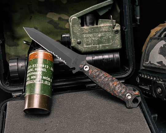 Dive Knife Tanto- Orange Dark Matter FAT Carbon, Armor Black Cerakote, Ti Torx Bolts, Textured Grip