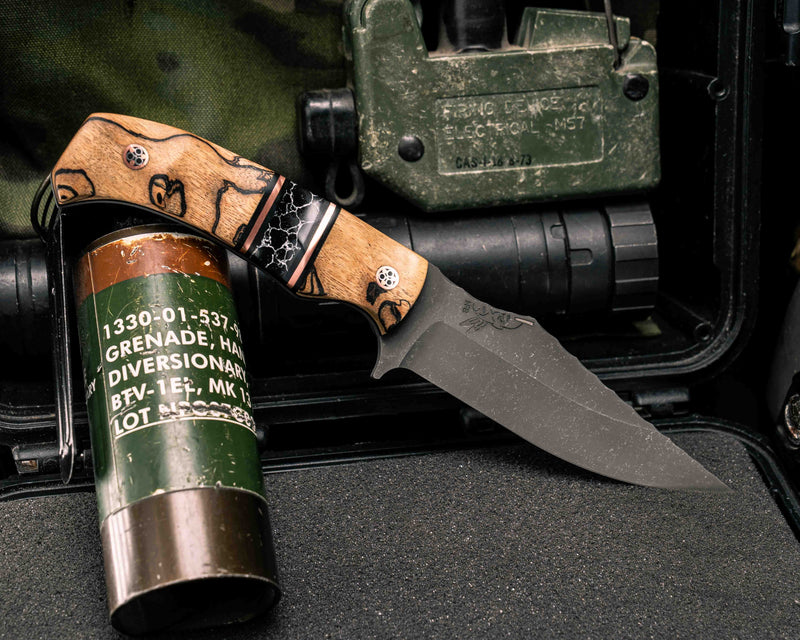 Tosahwi- Spalted Maple, Black G10 and Copper Pin Striping, Black with White Web Tru-stone Split, Mosaic Pins, Textured Grip