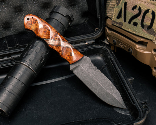 Disaster Jr- Amboyna Burl, Black G10, Copper and White G10 Split, Copper Pins, Copper Lanyard Pin, Textured Grip