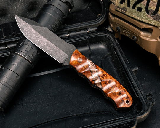 Disaster Jr- Amboyna Burl, Black G10, Copper and White G10 Split, Copper Pins, Copper Lanyard Pin, Textured Grip