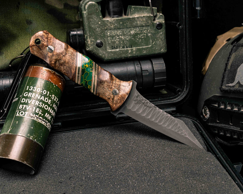 Combat Dirt Nap- Mesquite, Black G10, Coyote G10 and Brass Pin Striping, Arizona Jade Tru-stone Split, Mosaic Pins, Brass Lanyard Pin, Textured Grip