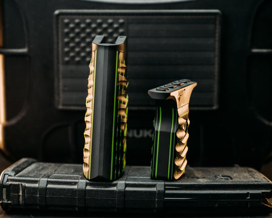 HFB x Kinetic AR Grip System SET -  Toxic Green & Black G10, Armor Black Cerakote Frames, Snake Textured Grip