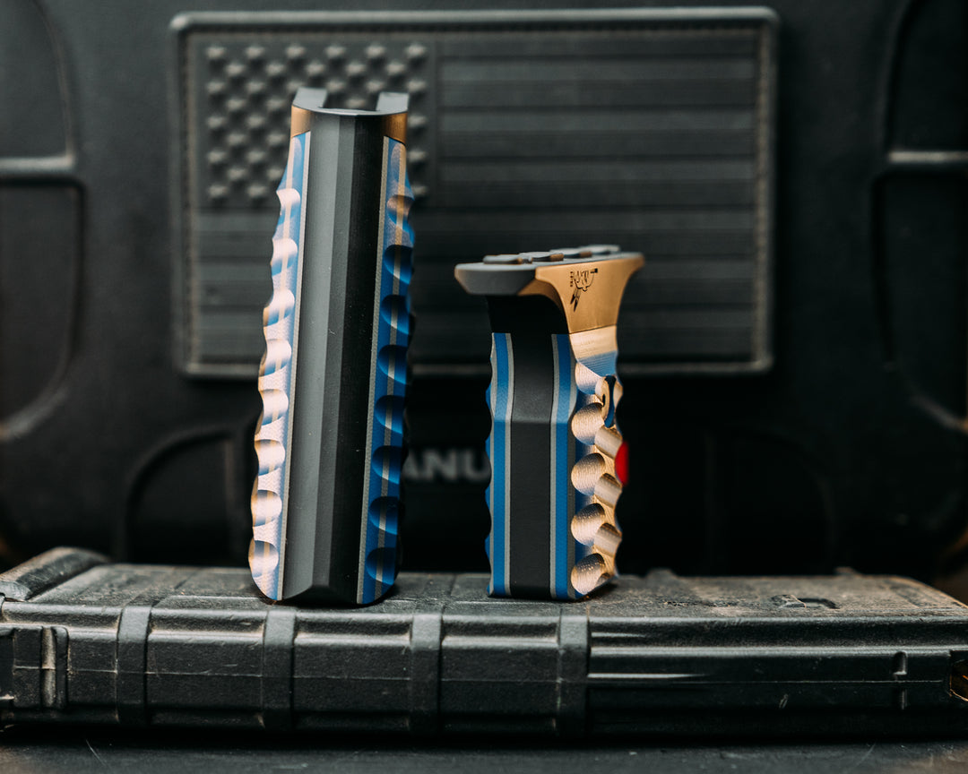 HFB x Kinetic AR Grip System SET -  Black, Blue & Gray G10, Armor Black Cerakote Frames, Snake Textured Grip