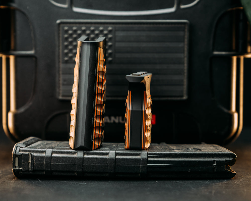 HFB x Kinetic AR Grip System SET - Black, Coyote & Orange G10 , Armor Black Cerakote Frames, Snake Textured Grip