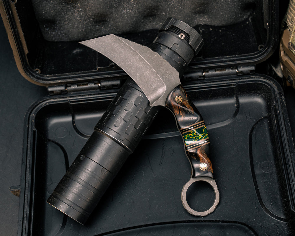 Karambito- Desert Ironwood, Black G10, Coyote G10 and Brass Pin Striping, Arizona Jade Tru-stone Split, Mosaic Pins, Textured Grip