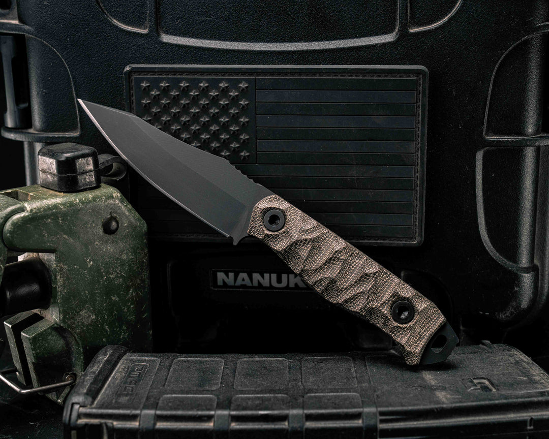 Field Knife Jr- OD Green Canvas Micarta, Armor Black Cerakote, Allen Bolts, Textured Grip.
