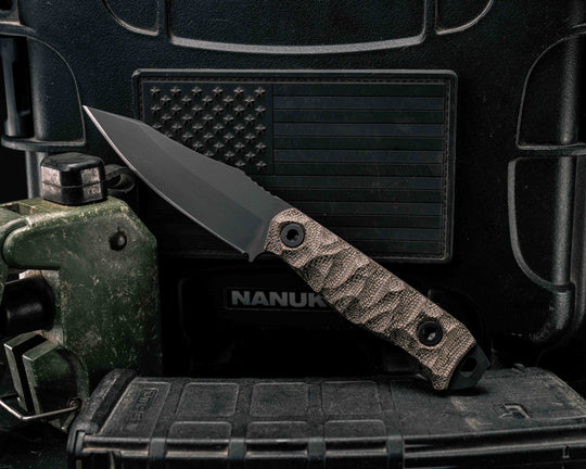 Field Knife Jr- OD Green Canvas Micarta, Armor Black Cerakote, Allen Bolts, Textured Grip.